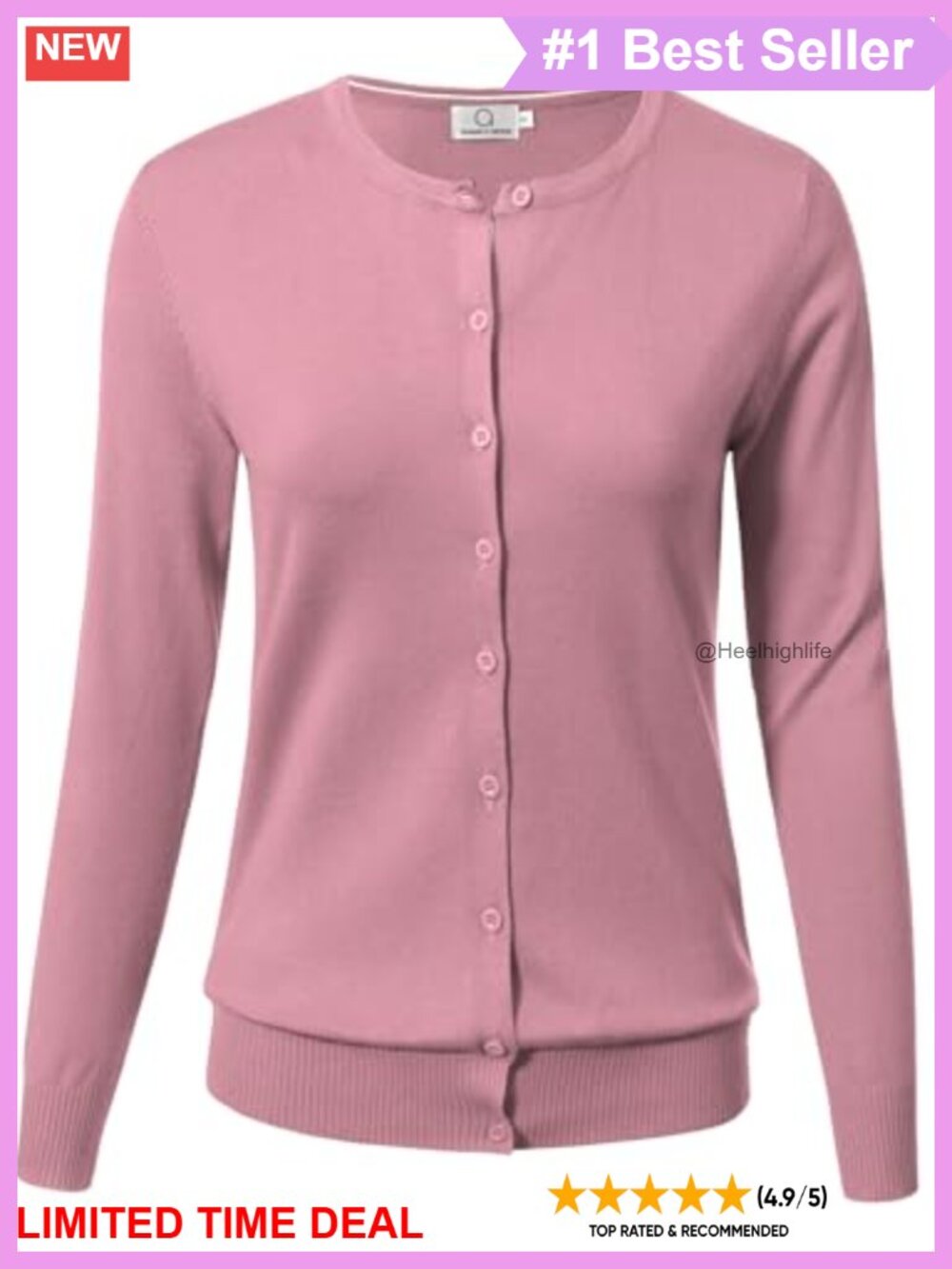 Women's Long Sleeve Button Down Crewneck Cardigan Lightweight Knit Sweater